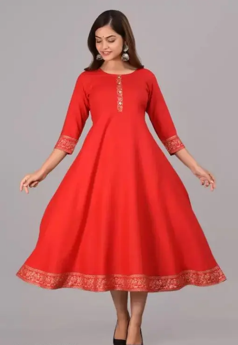 Women Solid Rayon Anarkali (Red)  (Product Code 04)